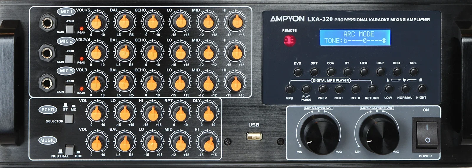 Ampyon LXA-320 front control panel with microphone echo music controls and display screen
