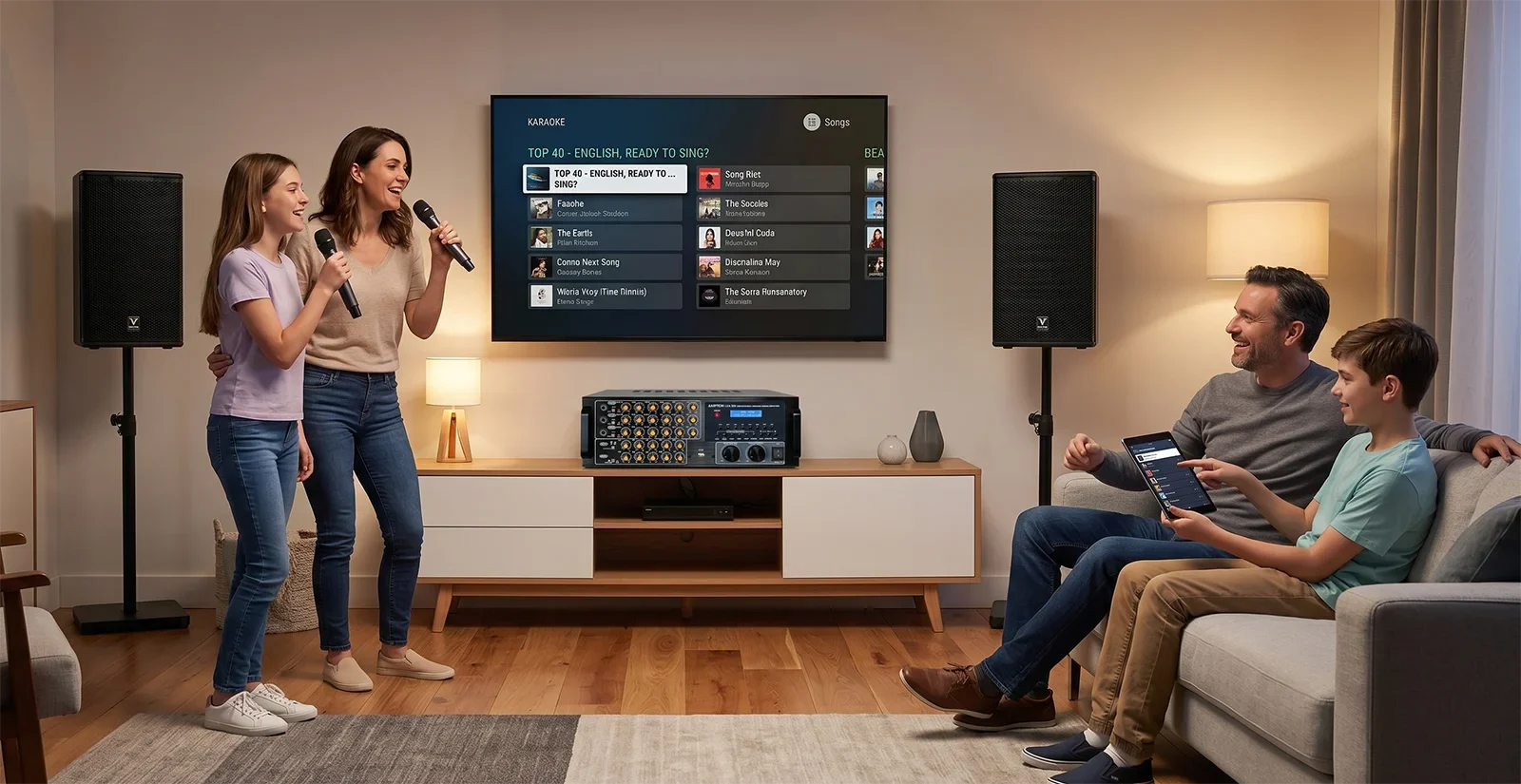 Ampyon LXA-320 karaoke mixing amplifier in a home karaoke entertainment room setup