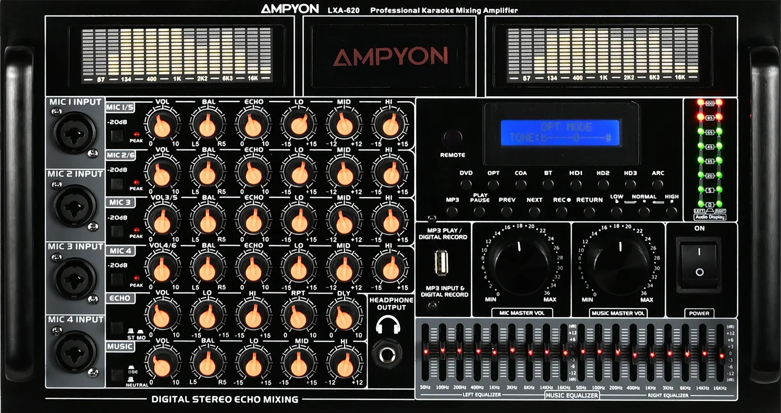 Ampyon LXA-620 front control panel with microphone controls equalizer display and digital screen