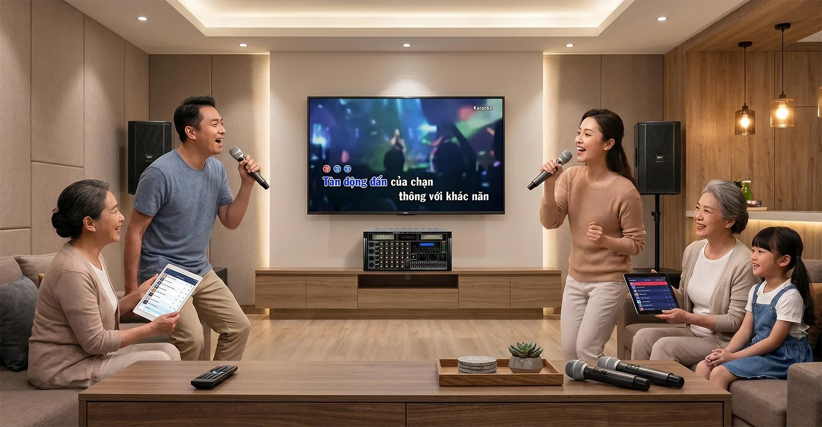 Ampyon LXA-620 karaoke mixing amplifier in a home karaoke entertainment room setup