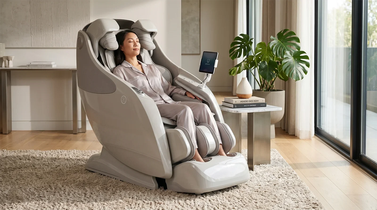Person relaxing in the Osaki OP-Master massage chair in a premium living room